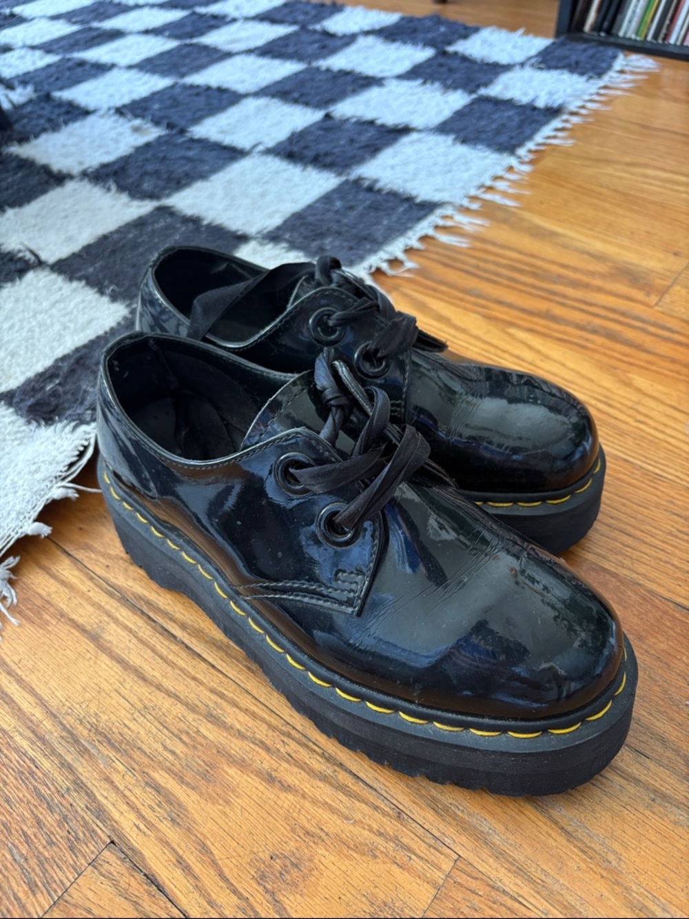 Dr. Martens Black Patent Platform Lace-Up Oxfords with Yellow Stitching